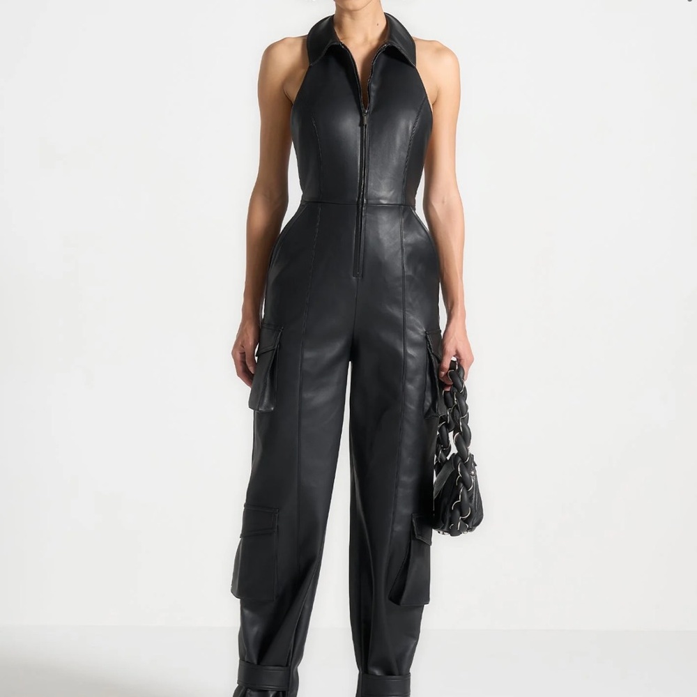 Maniere De Voir Leather Halterneck Cargo Jumpsuit Black Size 4